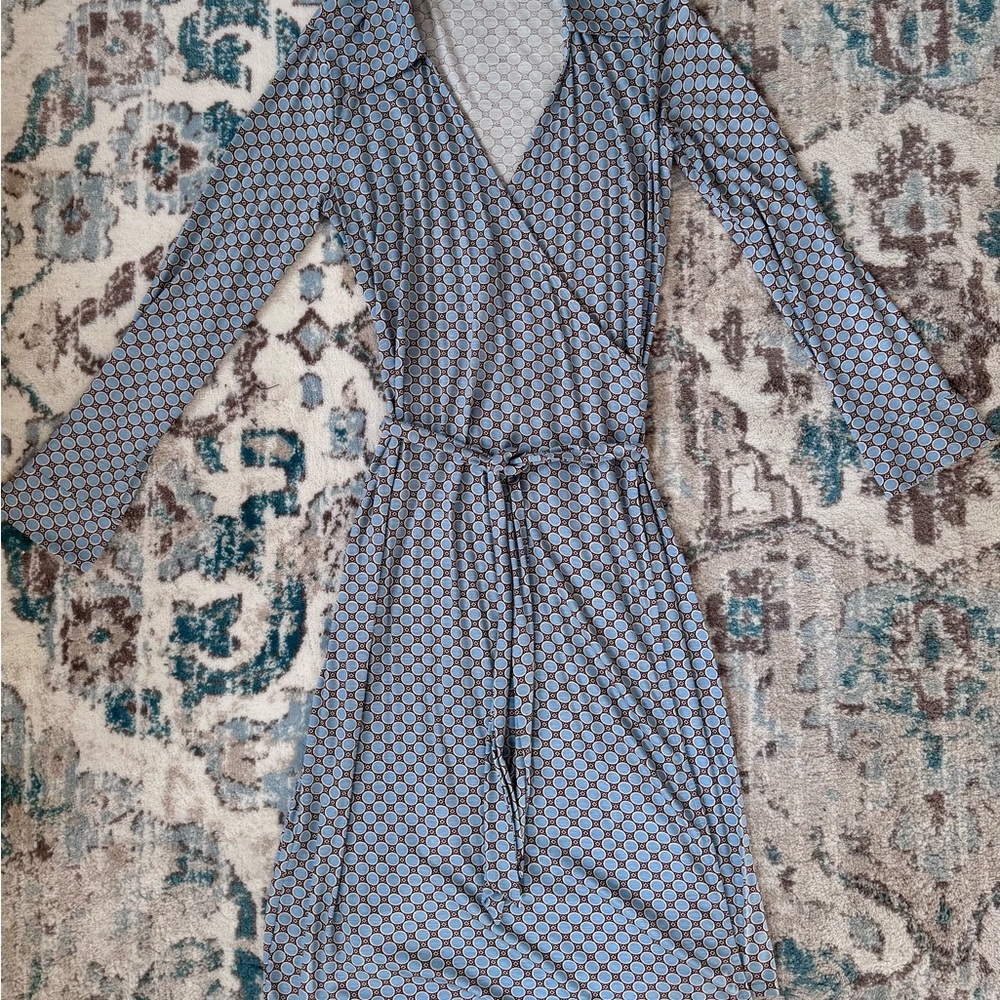 Boden Blue and Brown Geo Print Long Sleeve Wrap Dress